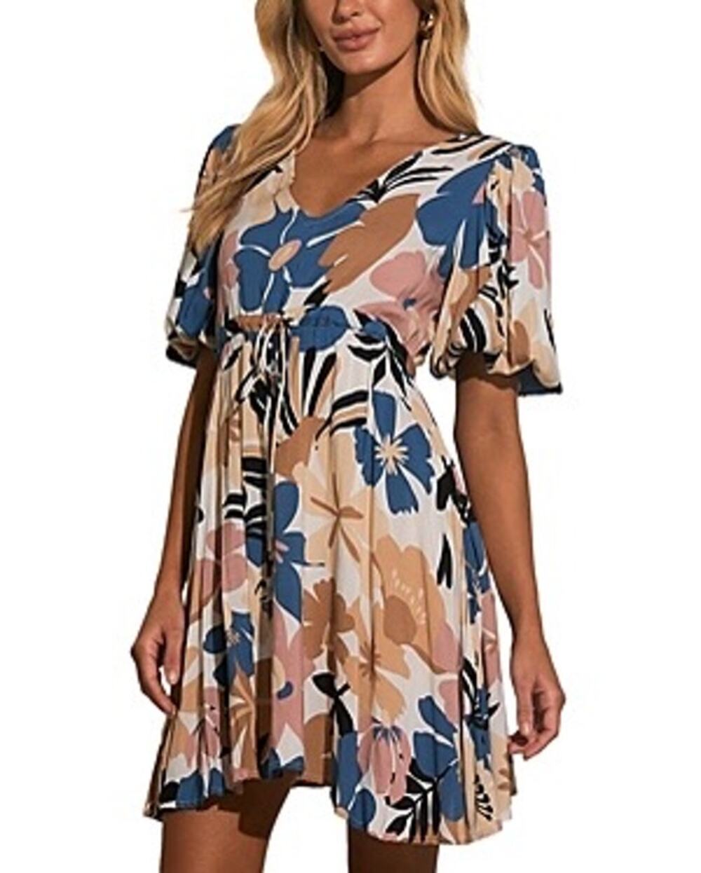 Elan NWT Blue Polynesian Print Self Tie Waist V-Neck Babydoll Mini Dress Size XS